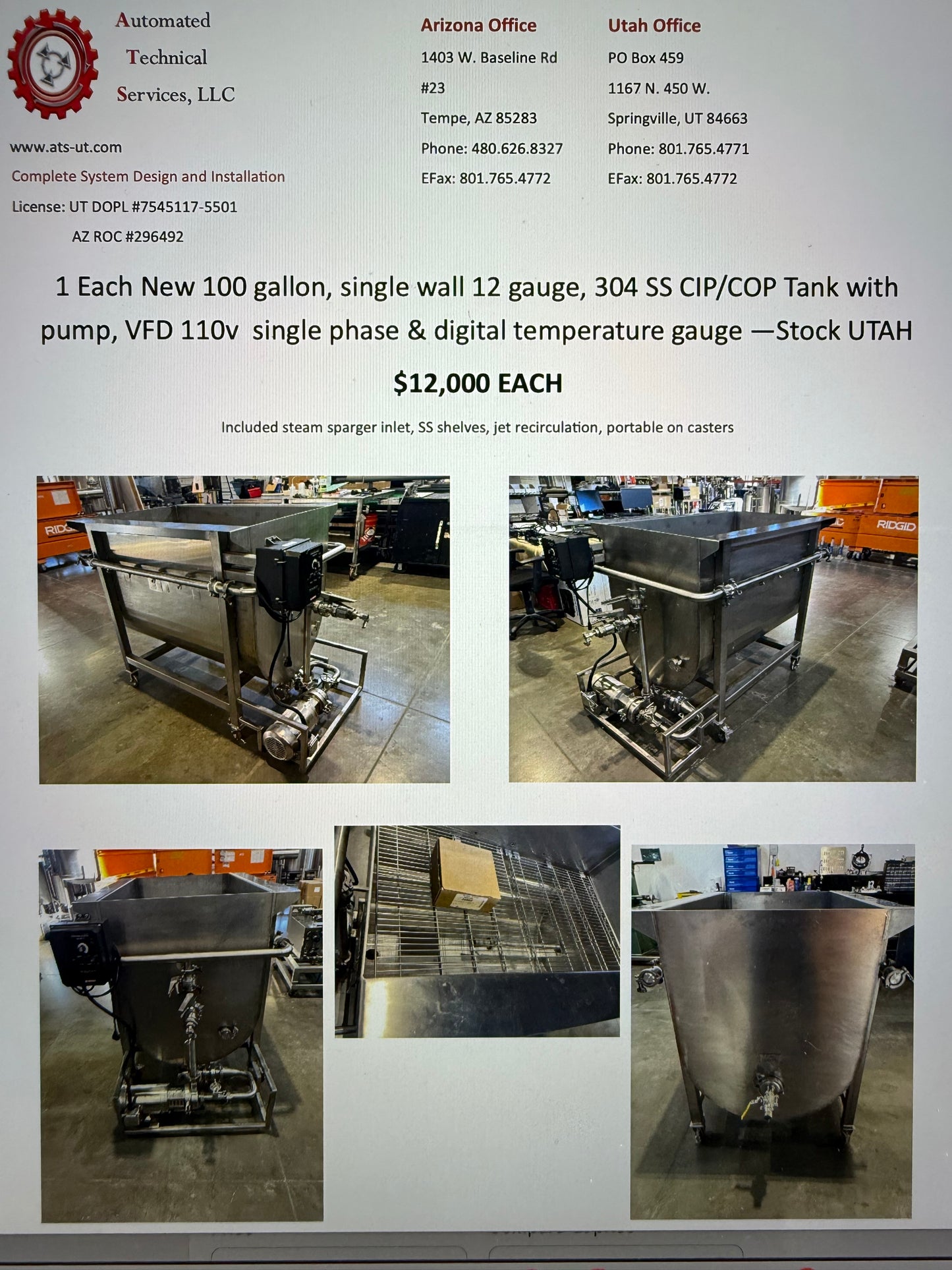 New 100 gallon, single wall 12 gauge, 304 SS CIP/COP Tank with pump, VFD 110v single phase & amp; digital temperature gauge —Stock UTAH - Quantity 1