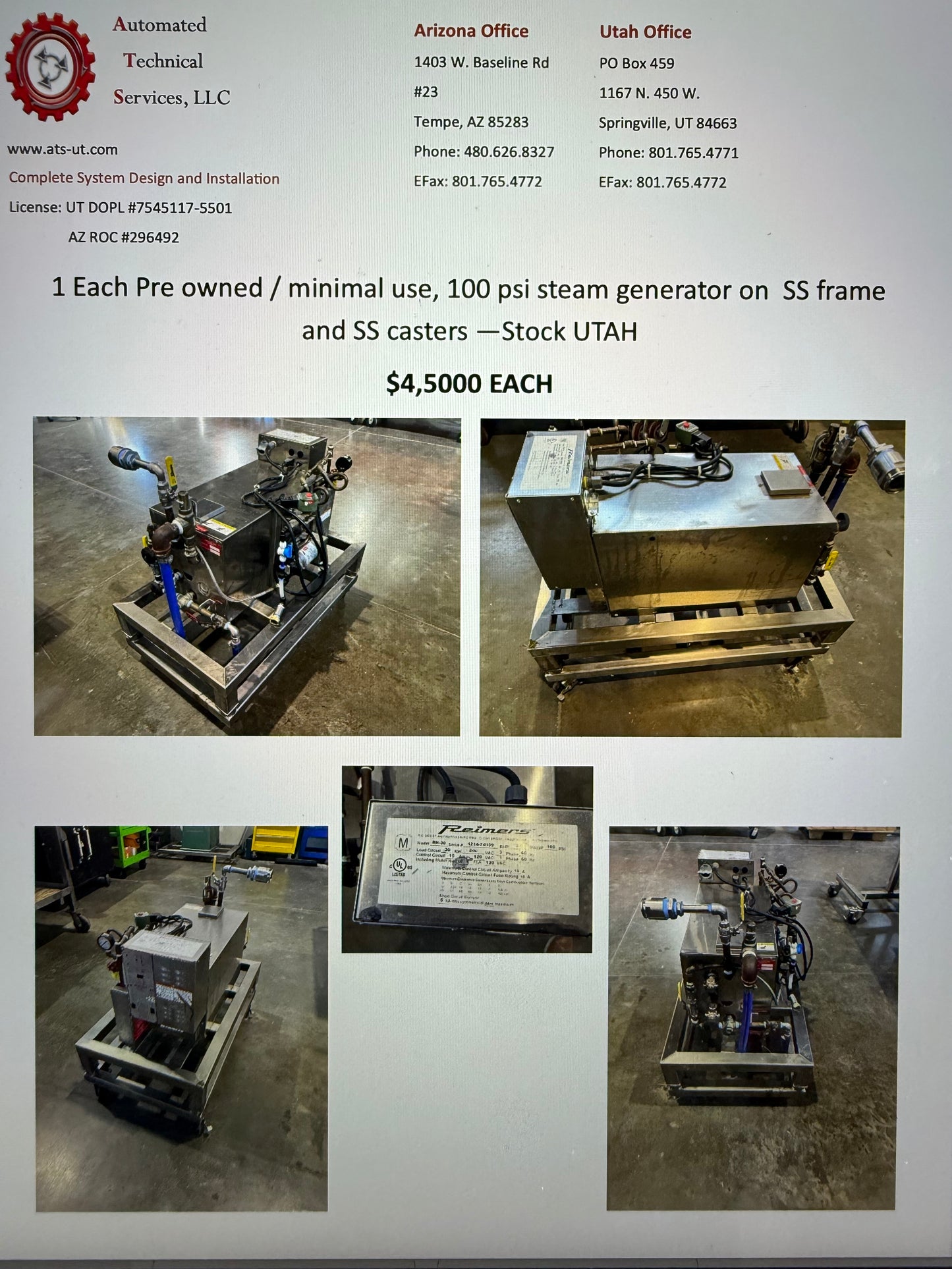Pre owned / minimal use, 100 psi steam generator on SS frame and SS casters —Stock UTAH - Quantity 1