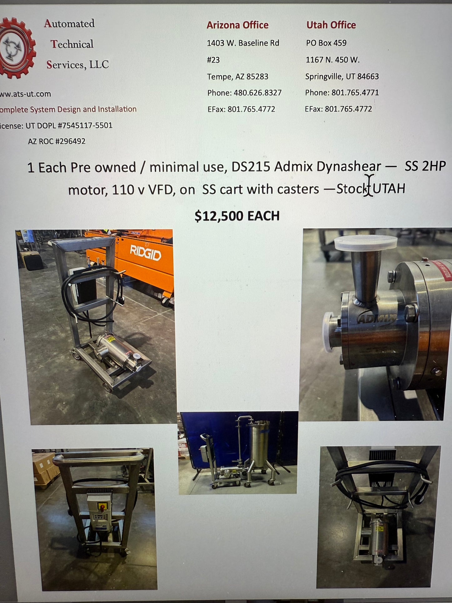 Preowned / minimal use, DS215 Admix Dynashear-SS 2 HP motor, 110V VFD, on SS cart with casters - Stock UTAH - Quantity 1