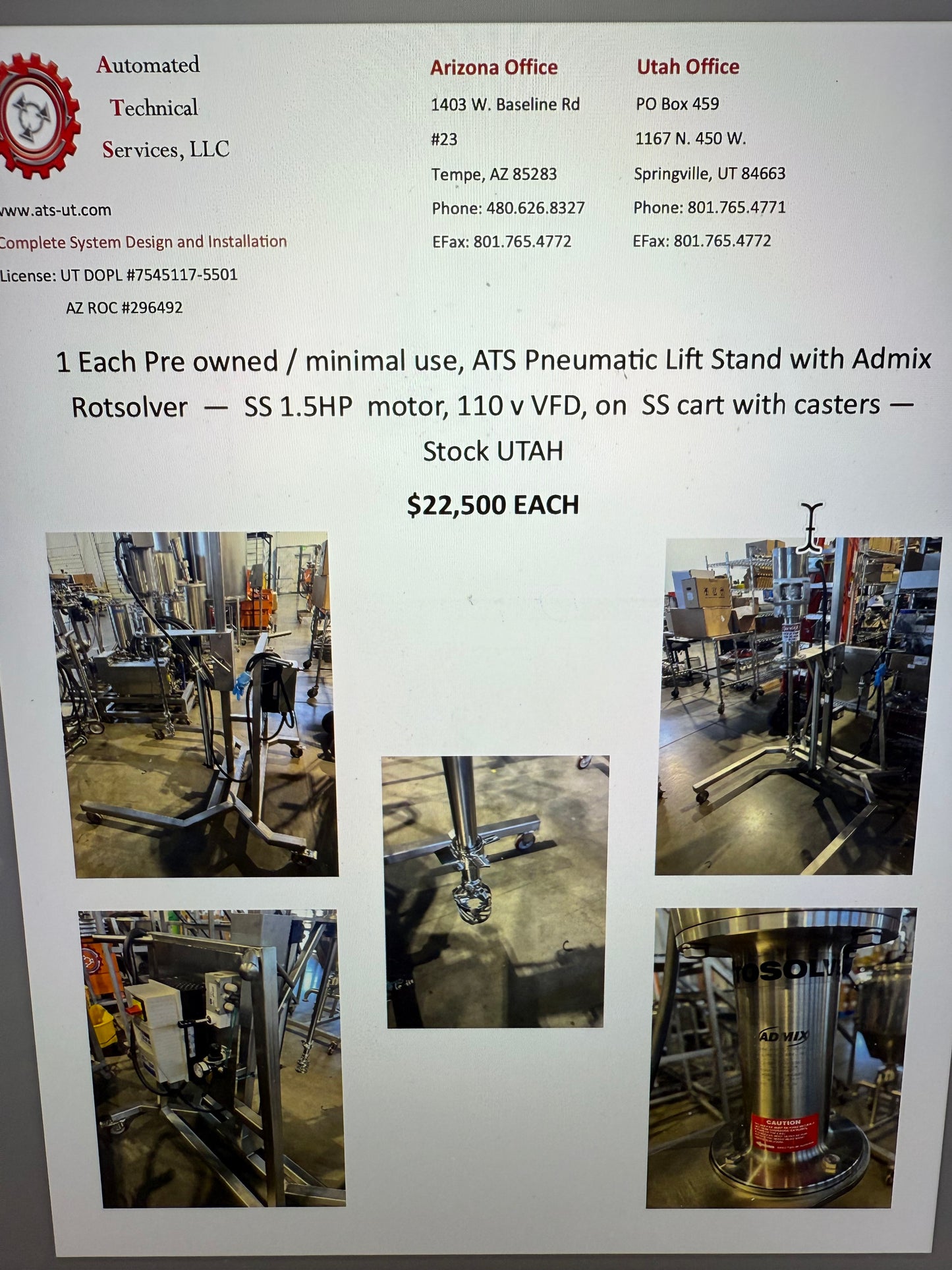 Pre owned / minimal use, ATS Pneumatic Lift Stand with Admix Rotsolver — SS 1.5HP motor, 110 v VFD, on SS cart with casters - 1 Each