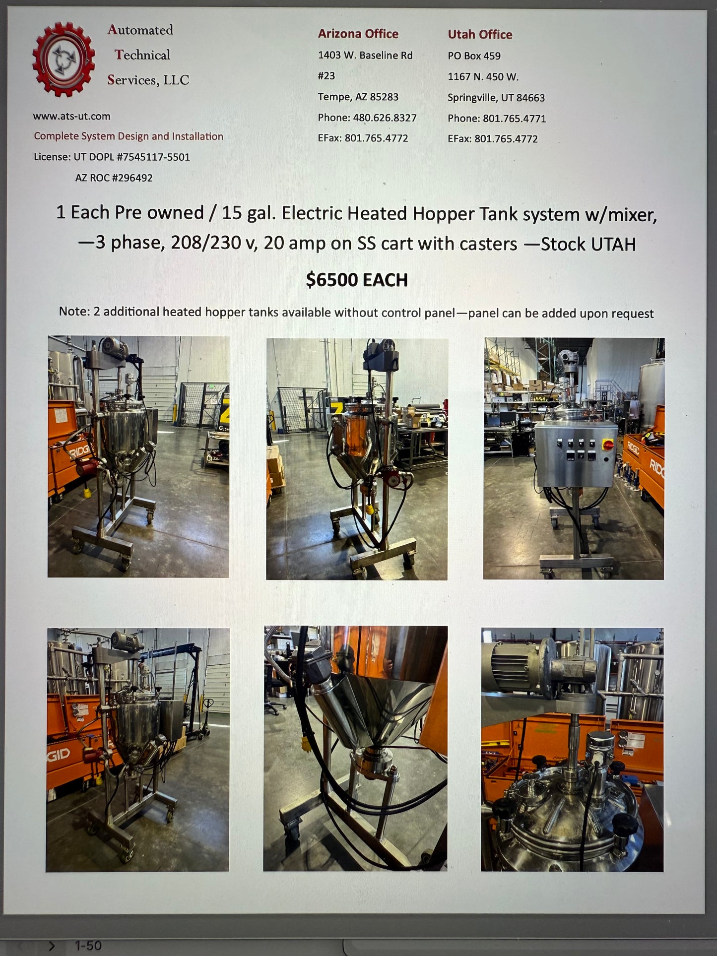 1 Each Pre owned / 15 gal. Electric Heated Hopper Tank system w/mixer, —3 phase, 208/230 v, 20 amp on SS cart with casters (3 Available)