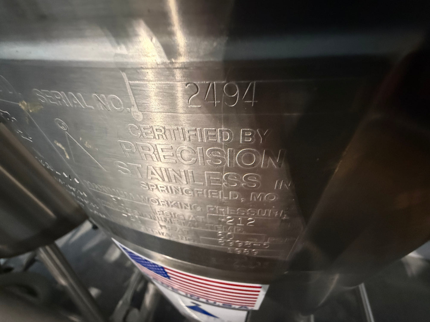 Pre-Owned 100 Liter Pressure Tank - Precision Stainless, 316L SS, Working Pressure 60 PSIG @ 212 Deg