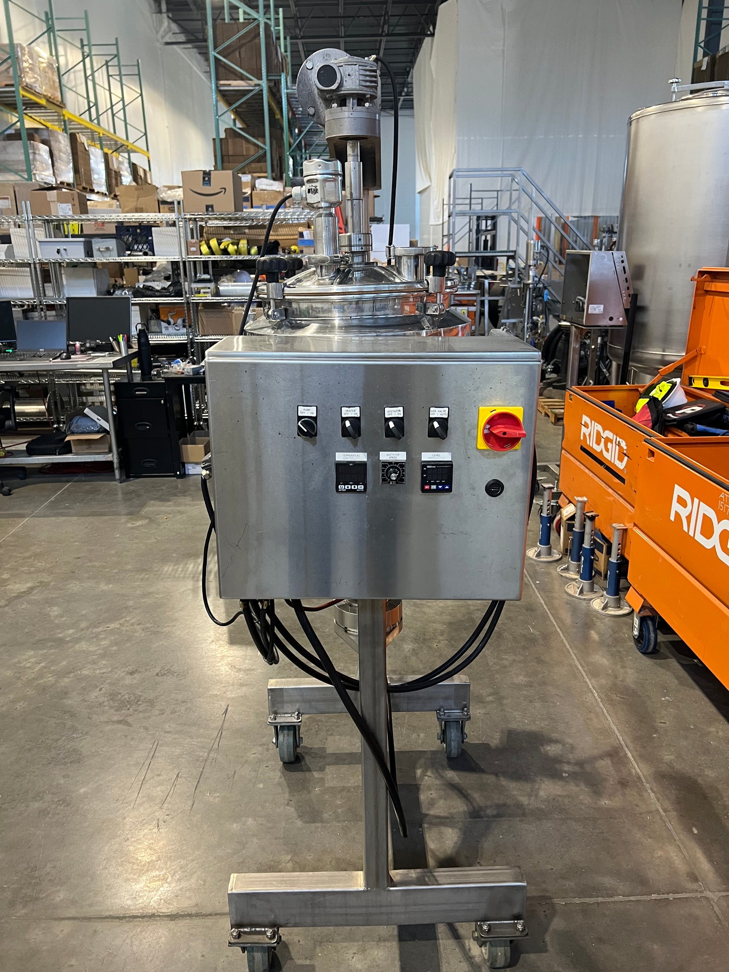1 Each Pre owned / 15 gal. Electric Heated Hopper Tank system w/mixer, —3 phase, 208/230 v, 20 amp on SS cart with casters (3 Available)