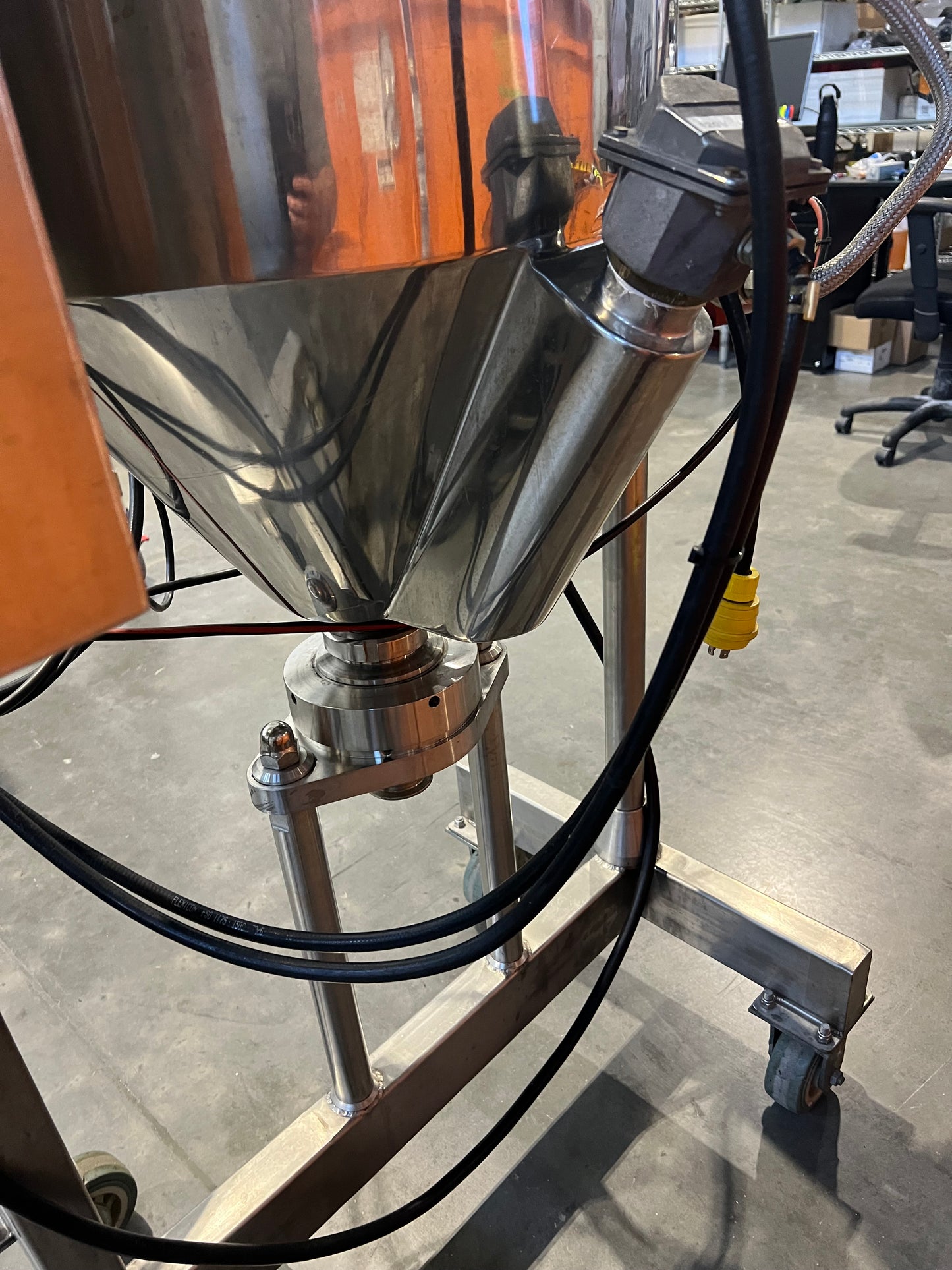 1 Each Pre owned / 15 gal. Electric Heated Hopper Tank system w/mixer, —3 phase, 208/230 v, 20 amp on SS cart with casters (3 Available)