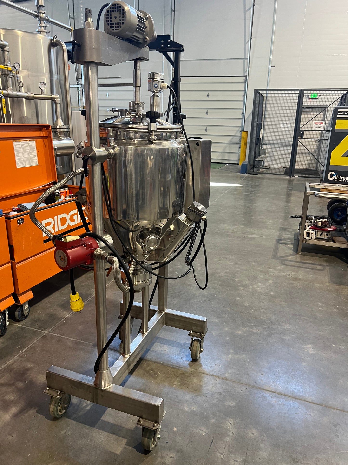 1 Each Pre owned / 15 gal. Electric Heated Hopper Tank system w/mixer, —3 phase, 208/230 v, 20 amp on SS cart with casters (3 Available)