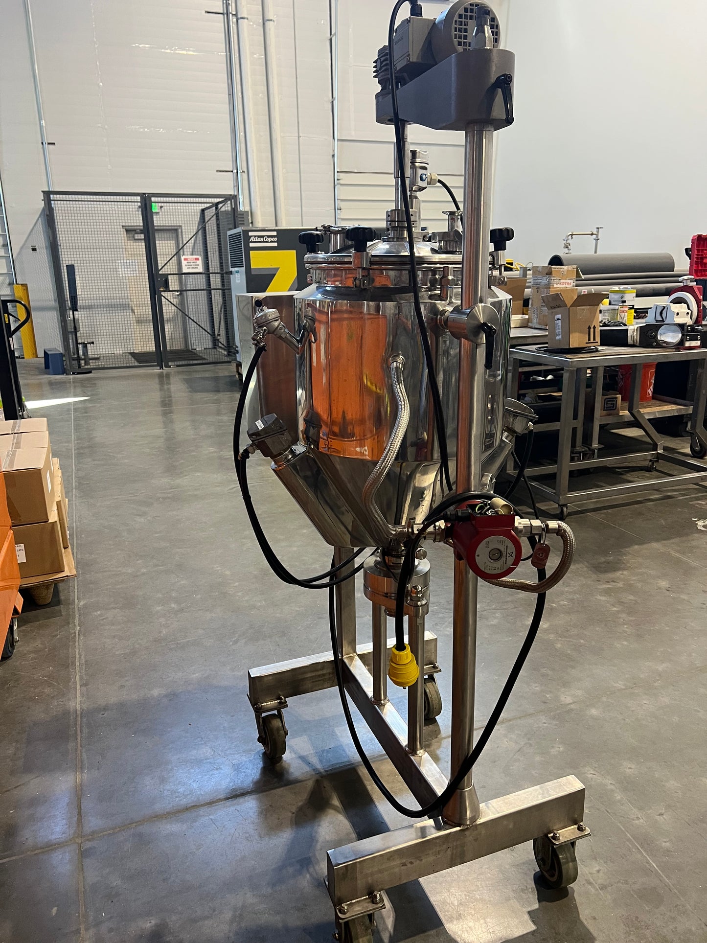 1 Each Pre owned / 15 gal. Electric Heated Hopper Tank system w/mixer, —3 phase, 208/230 v, 20 amp on SS cart with casters (3 Available)