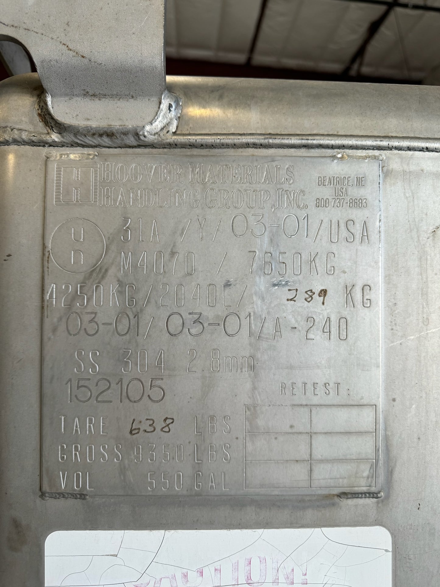 Tote- 550 Gallon Stainless Steel Tote