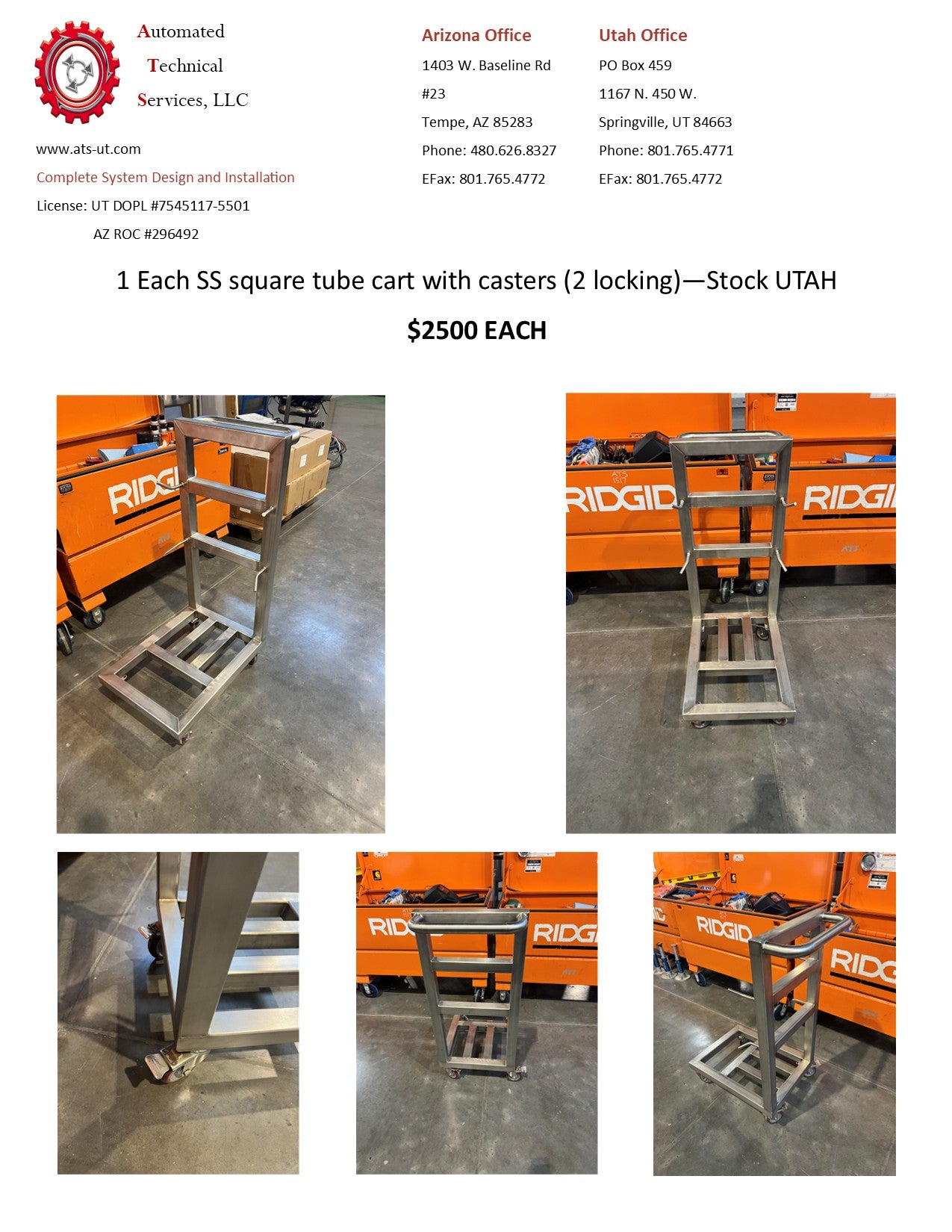 SS square tube cart with casters (2 locking) -Stock UTAH $2500 EACH - 1 Each Available