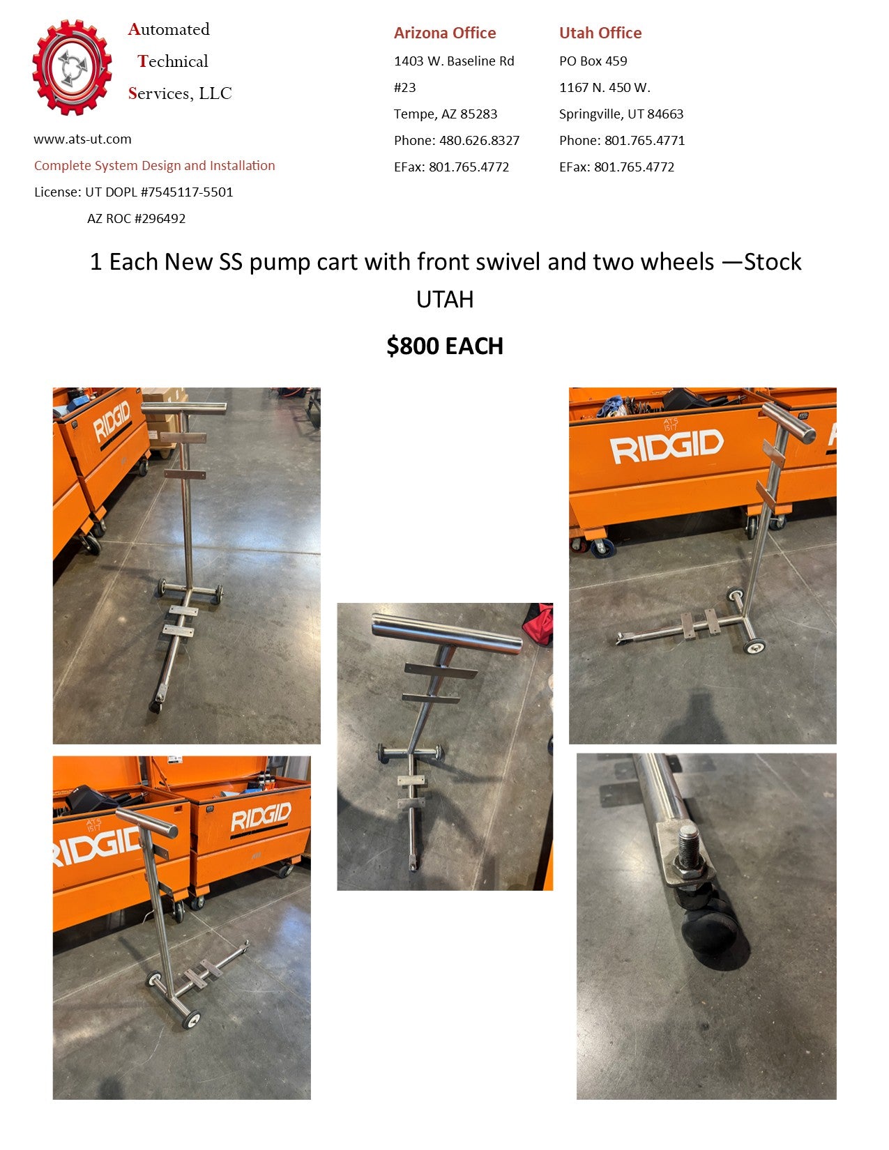 1 Each New SS pump cart with front swivel and two wheels —Stock UTAH $800 EACH