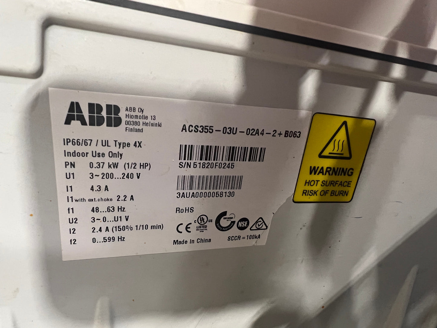 ABB VFD, 1/2 HP, 240 V, Washdown