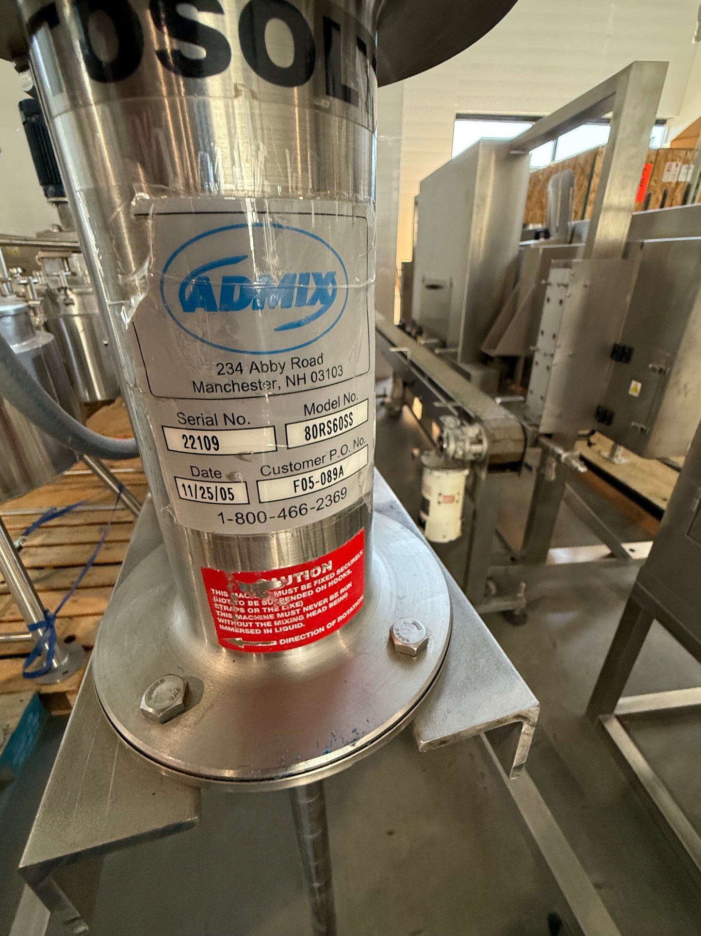 Used Admix High Shear Mixer, Model 80RS60SS, Serial Number 22109, Used Admix, Pneumatic Lift Stand MHL-101-SS