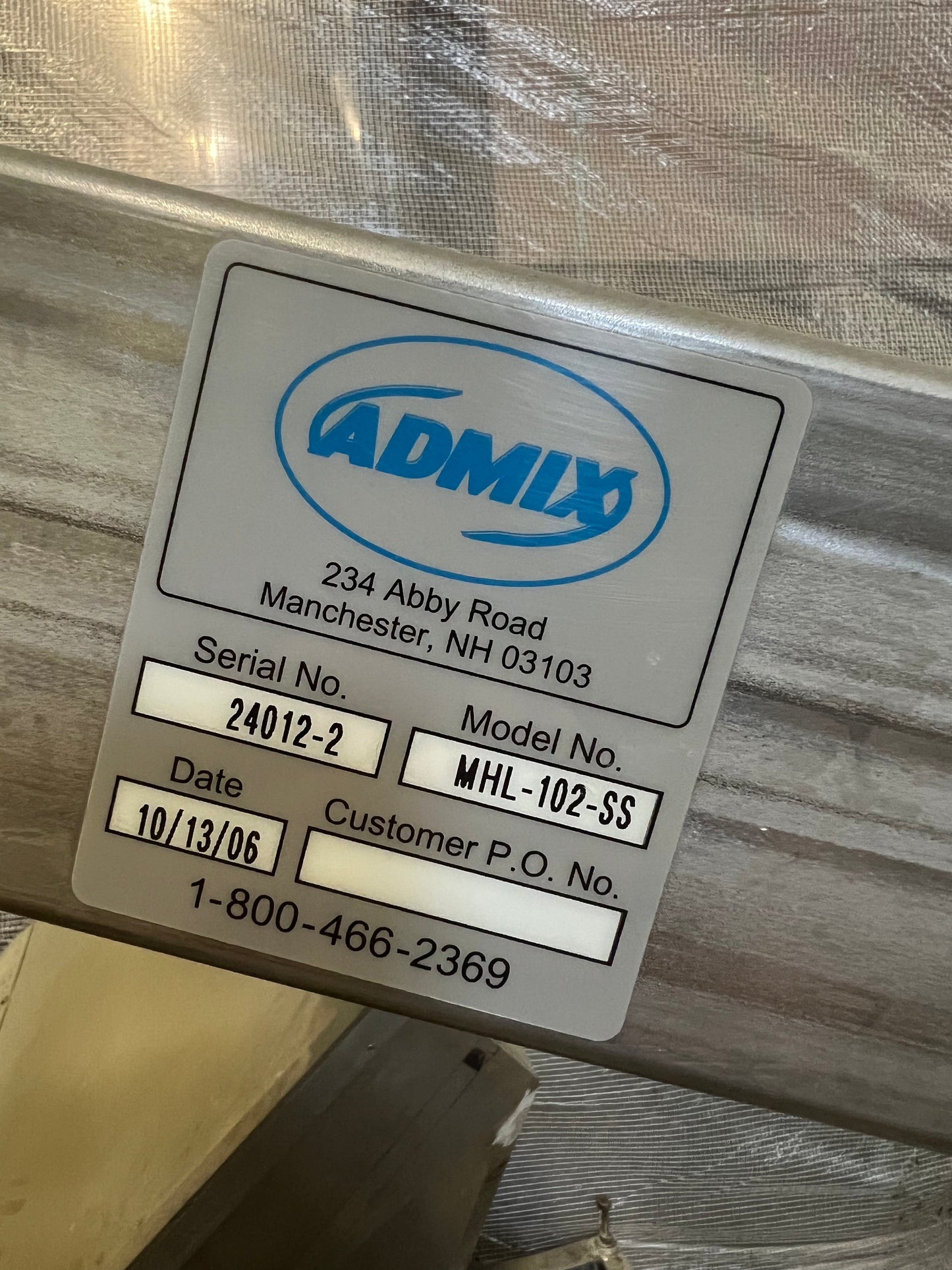 Admix, MHL-102-SS Serial Number 24012-2