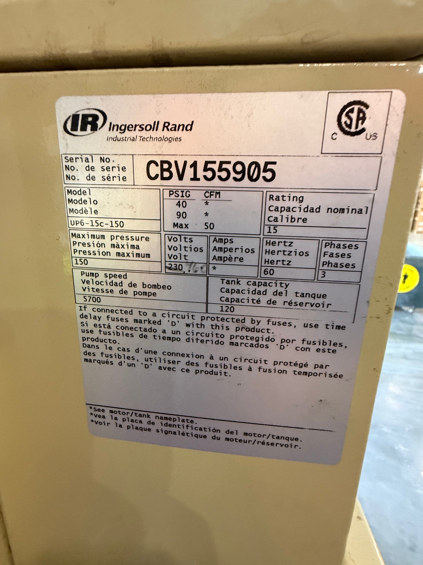 Used Ingersol Rand Air Compressor - Model R11i's - Less Tank and Dryer