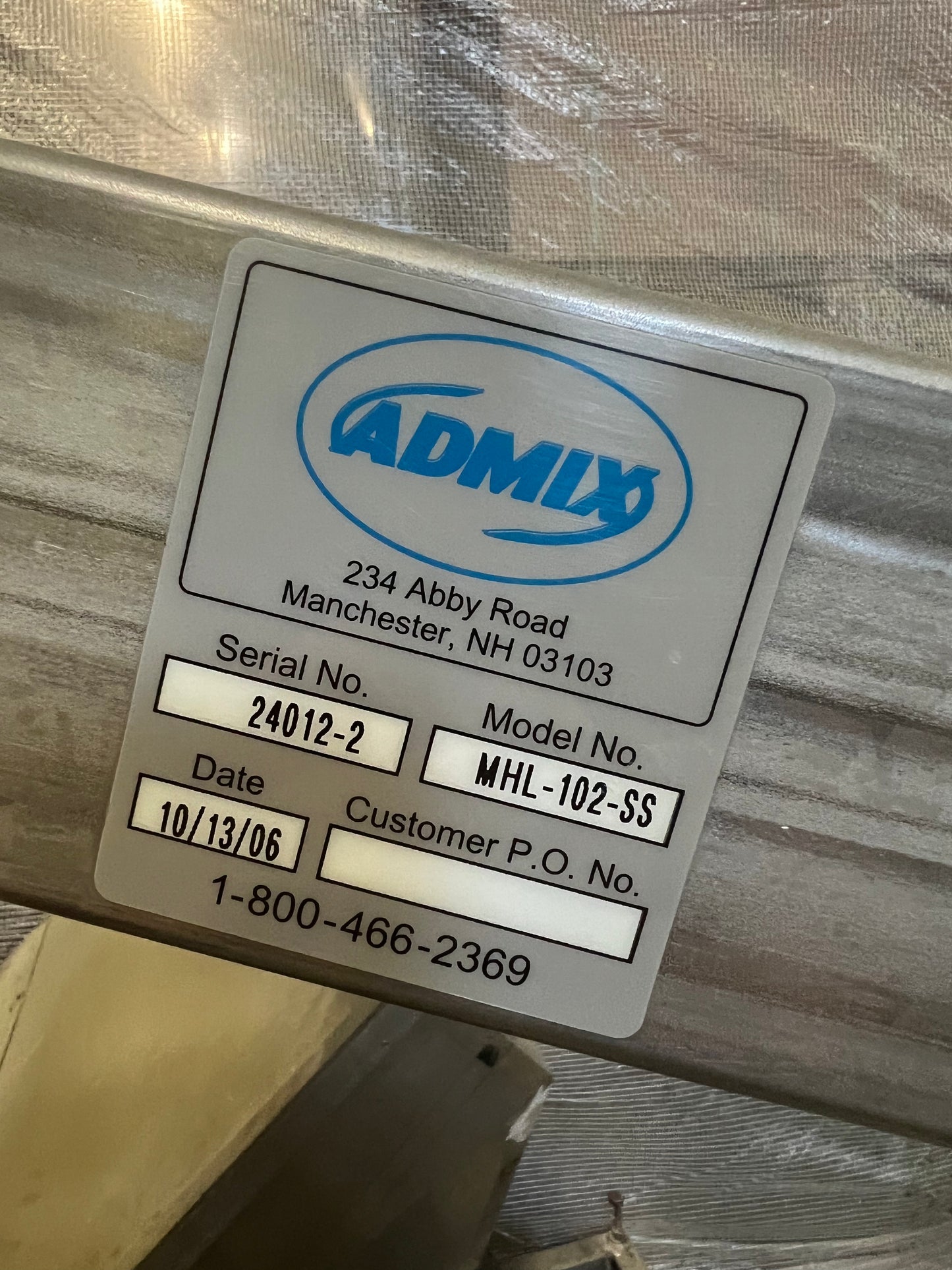 Admix, MHL-102-SS Serial Number 24012-2