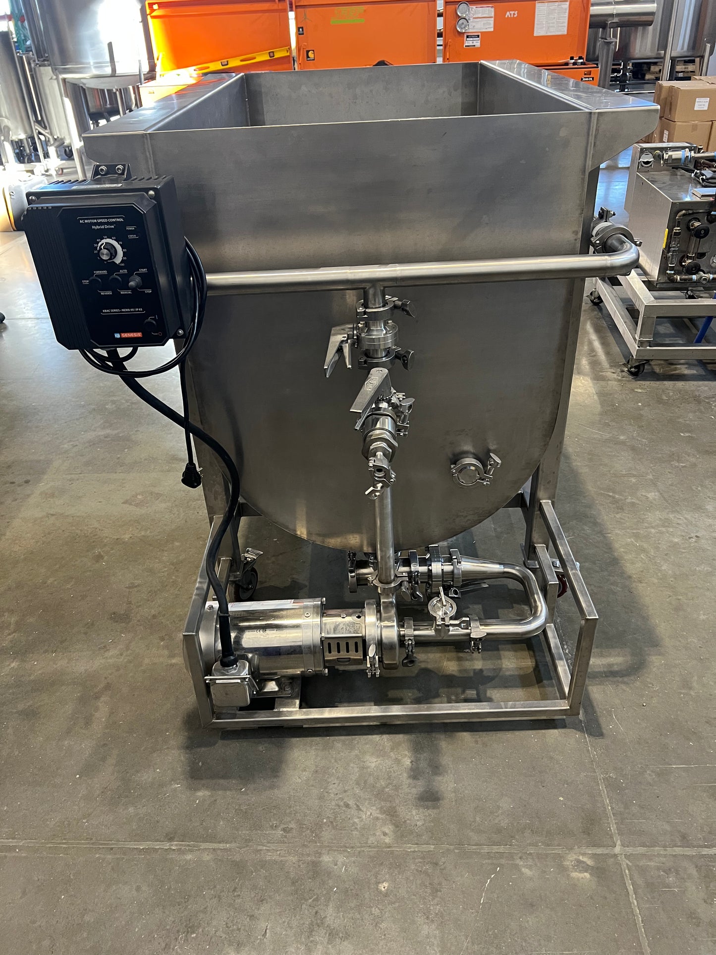 New 100 gallon, single wall 12 gauge, 304 SS CIP/COP Tank with pump, VFD 110v single phase & amp; digital temperature gauge —Stock UTAH - Quantity 1