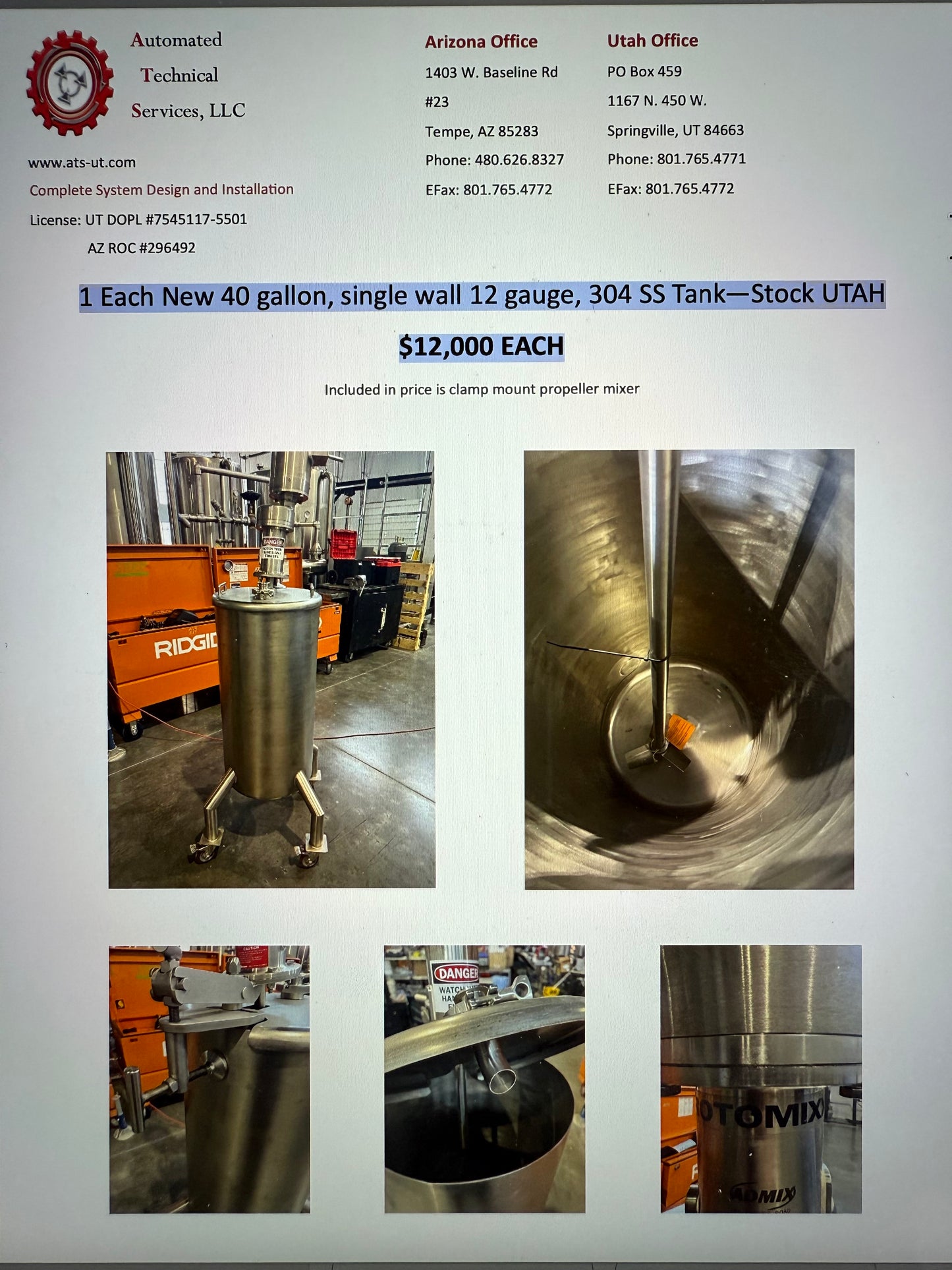 New 40 gallon, single wall 12 gauge, 304 SS Tank including clamp mount propeller mixer —Stock UTAH - Quantity 1