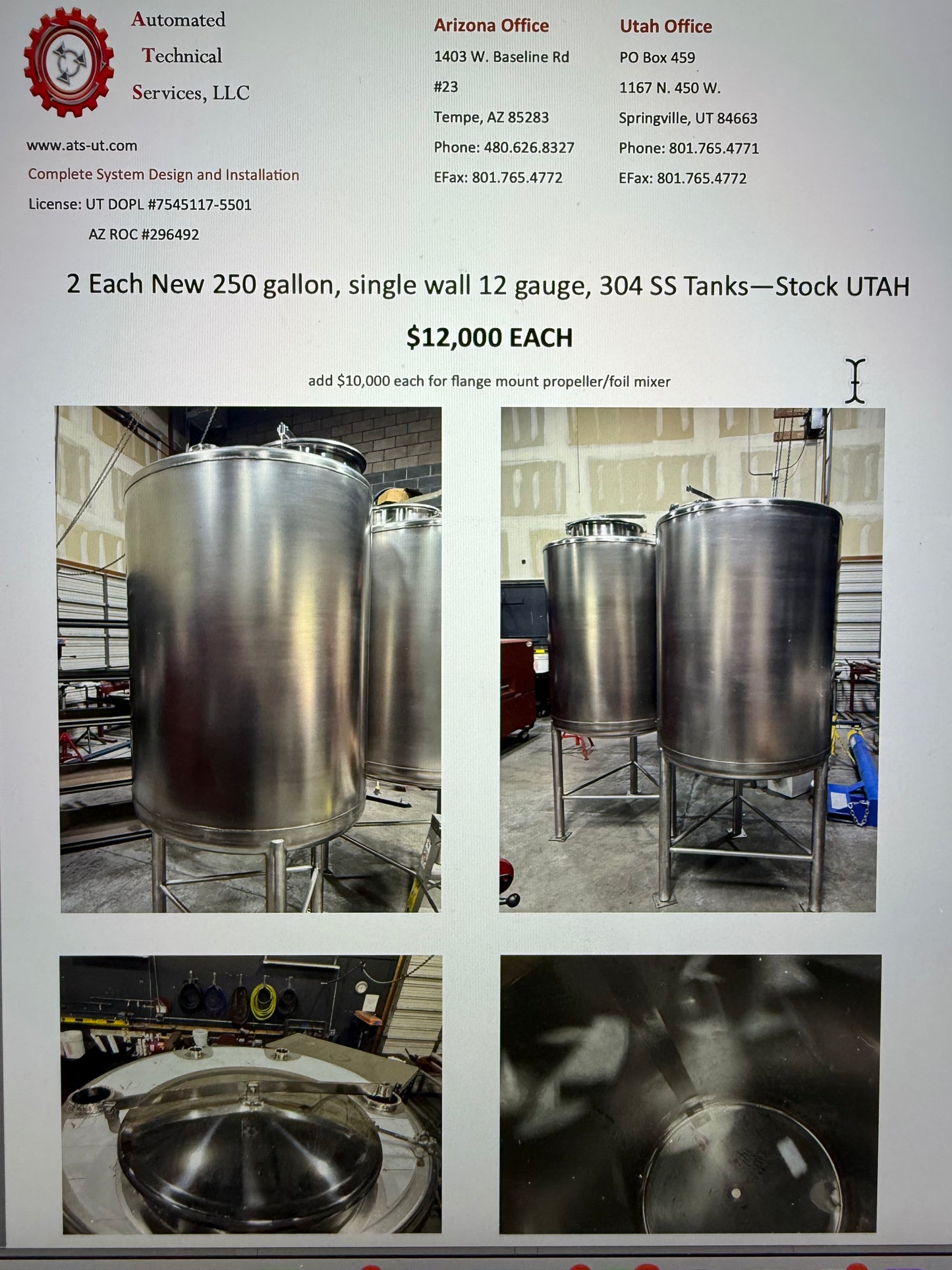 New 250 gallon, single wall 12 gauge, 304 SS Tanks—Stock UTAH - Quantity 2
