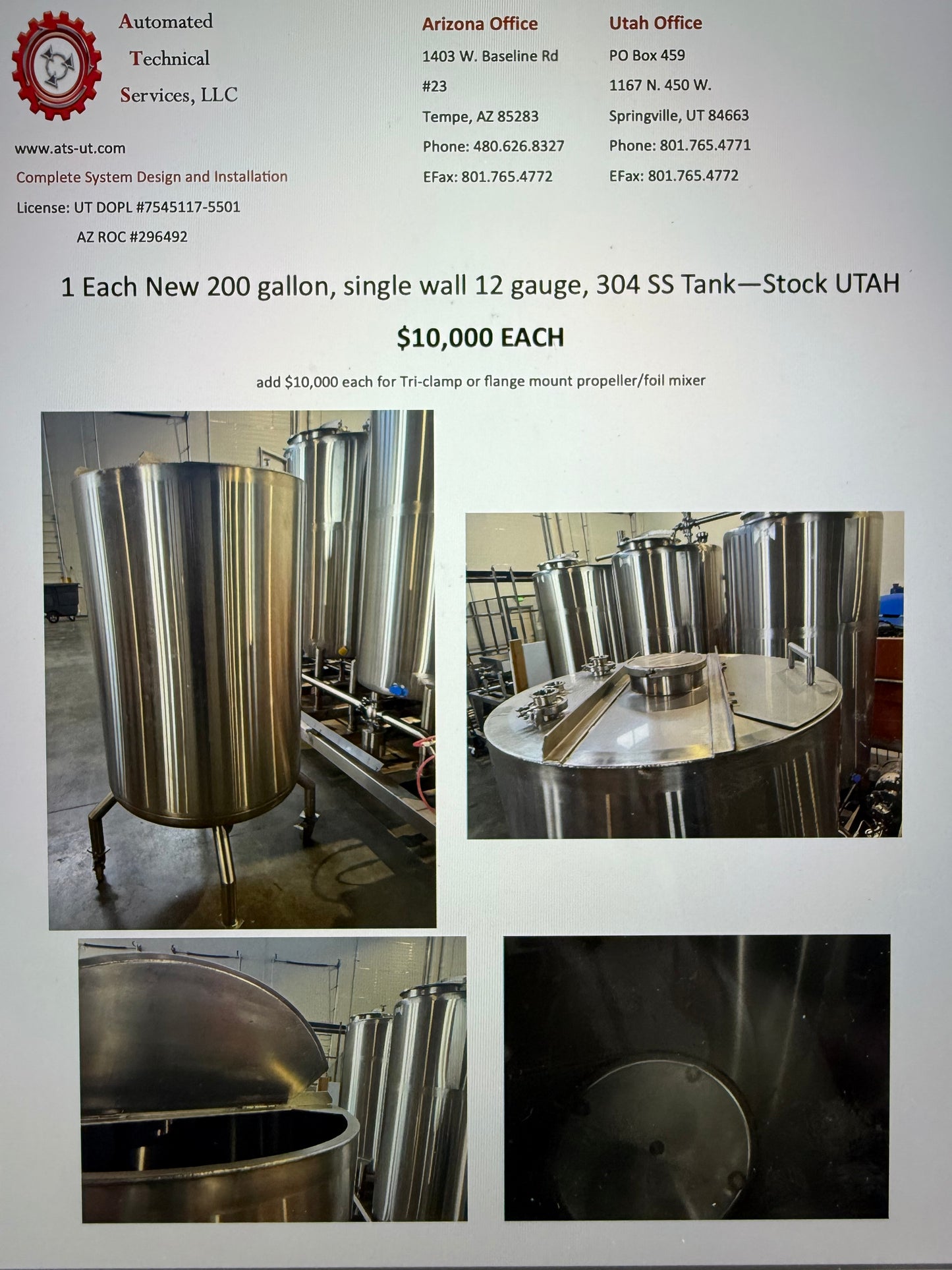 New 200 gallon, single wall 12 gauge, 304 SS Tank—Stock UTAH - Quantity 1