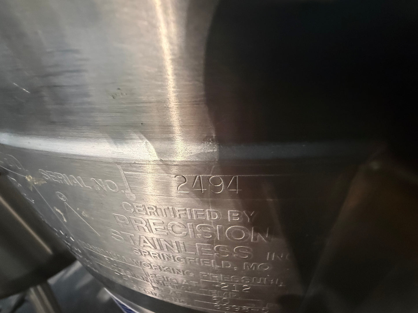 Pre-Owned 100 Liter Pressure Tank - Precision Stainless, 316L SS, Working Pressure 60 PSIG @ 212 Deg