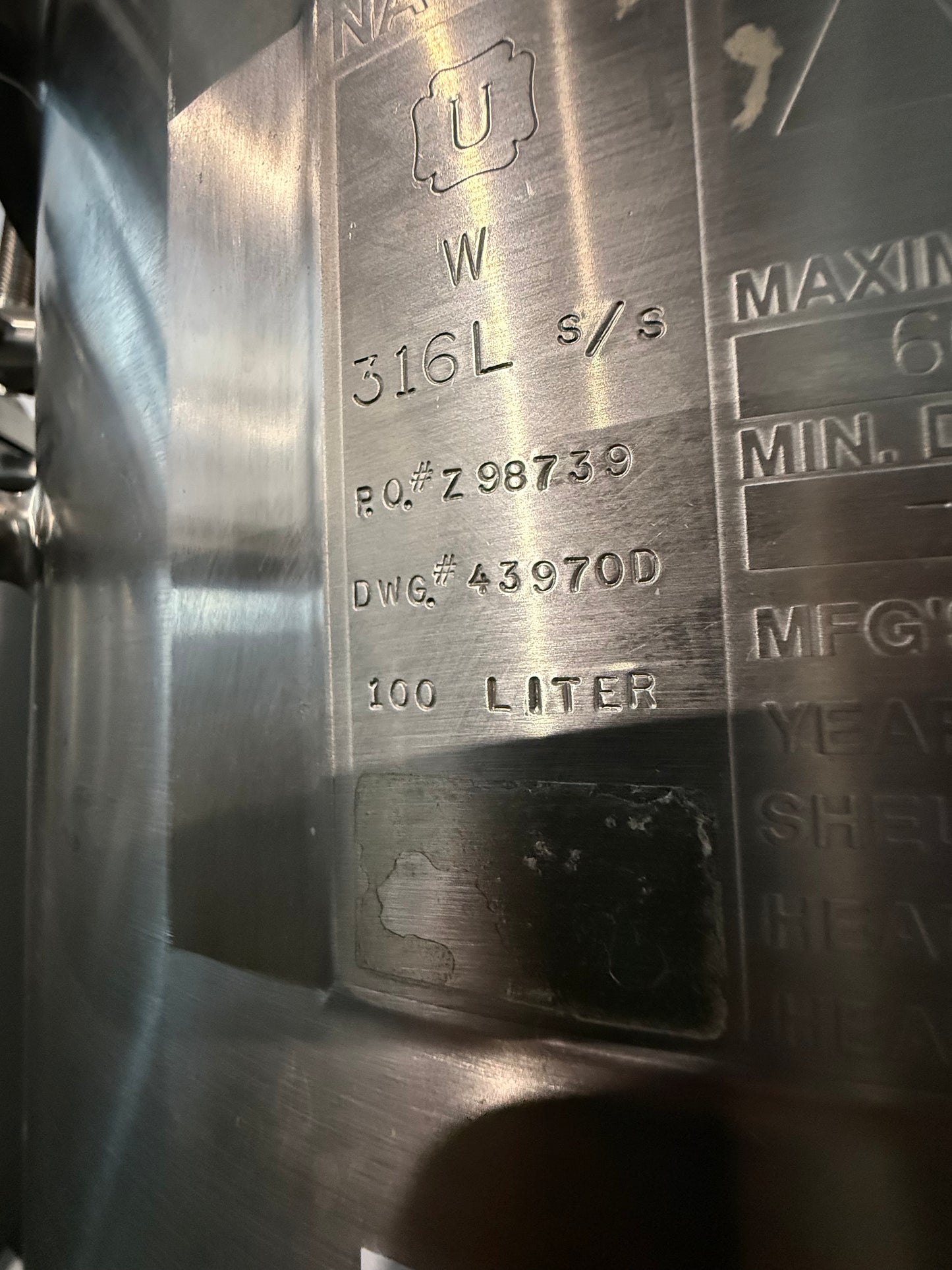 Pre-Owned 100 Liter Pressure Tank - Precision Stainless, 316L SS, Working Pressure 60 PSIG @ 212 Deg