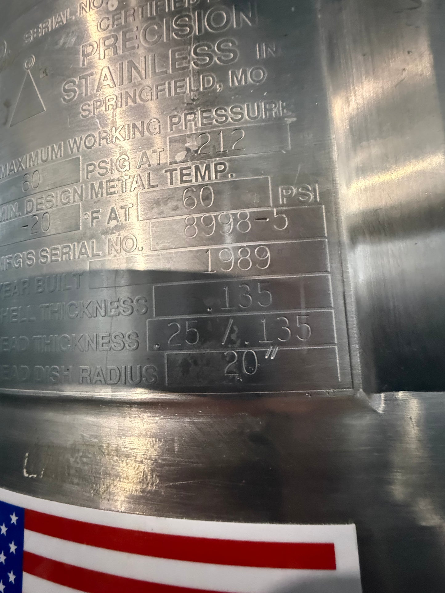 Pre-Owned 100 Liter Pressure Tank - Precision Stainless, 316L SS, Working Pressure 60 PSIG @ 212 Deg