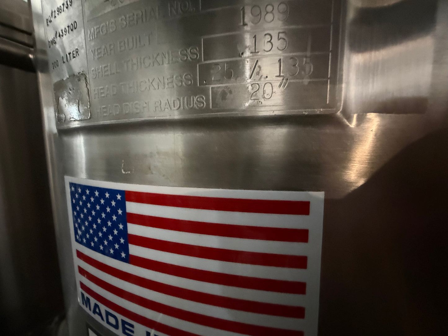 Pre-Owned 100 Liter Pressure Tank - Precision Stainless, 316L SS, Working Pressure 60 PSIG @ 212 Deg