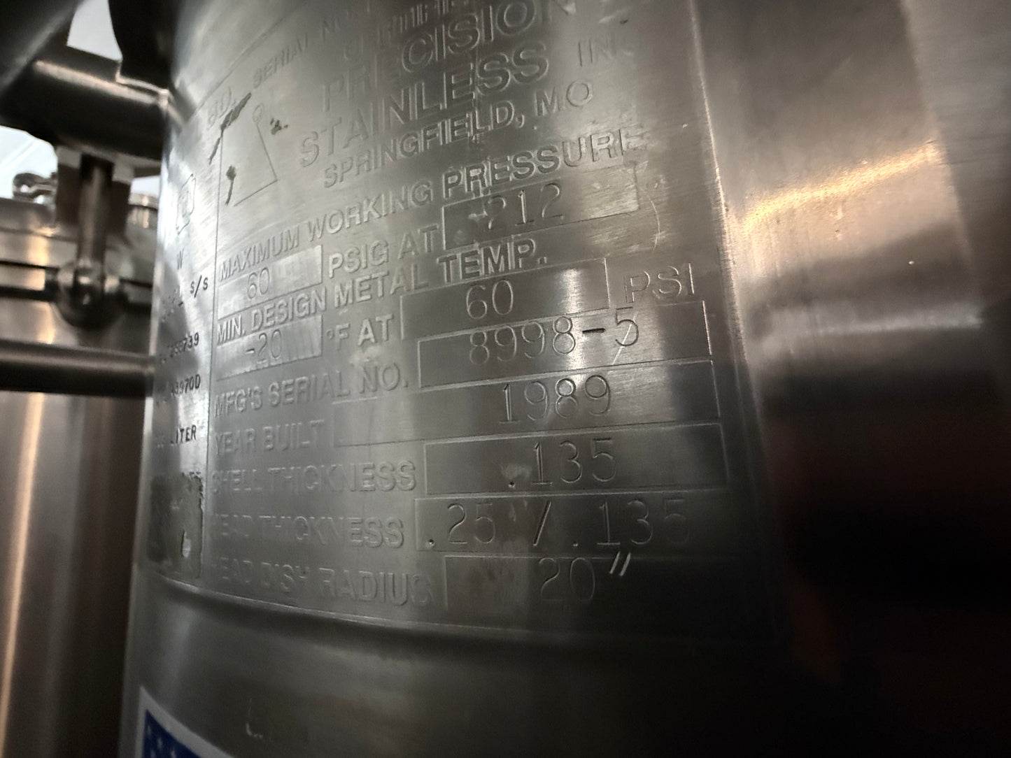 Pre-Owned 100 Liter Pressure Tank - Precision Stainless, 316L SS, Working Pressure 60 PSIG @ 212 Deg