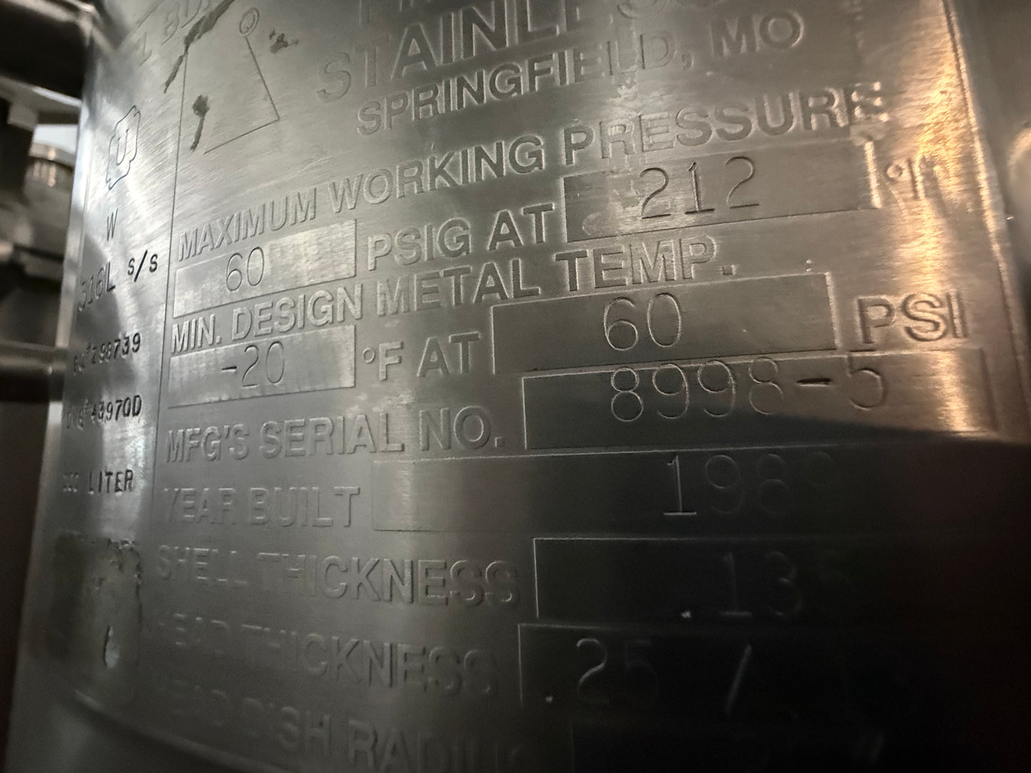 Pre-Owned 100 Liter Pressure Tank - Precision Stainless, 316L SS, Working Pressure 60 PSIG @ 212 Deg