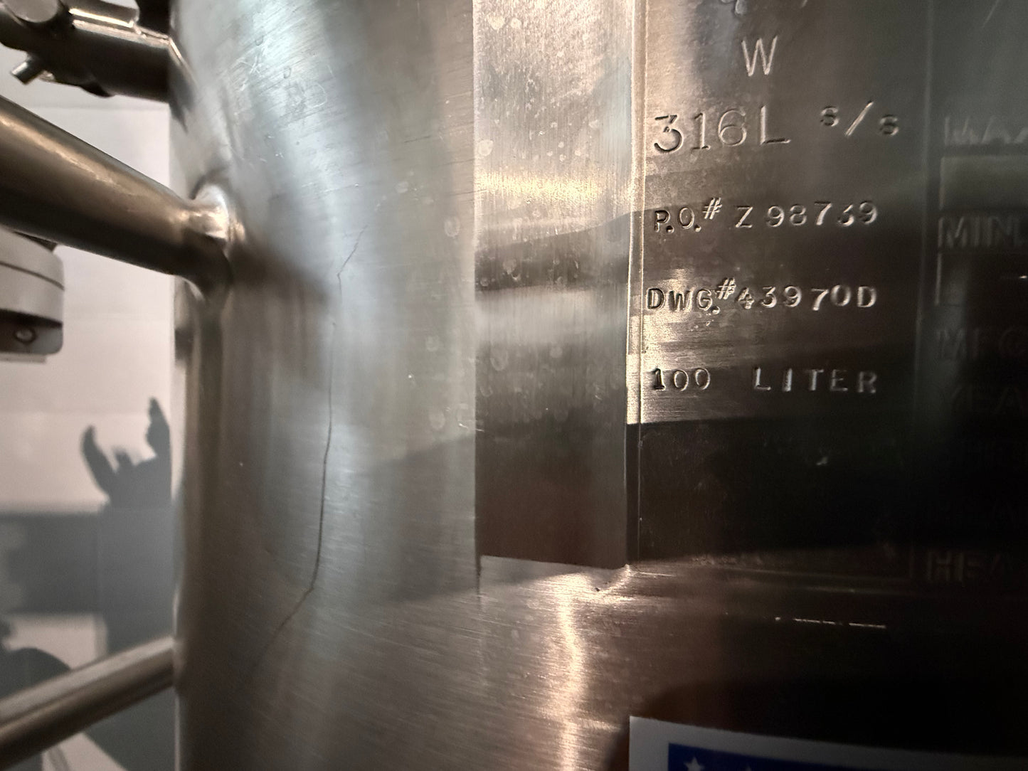 Pre-Owned 100 Liter Pressure Tank - Precision Stainless 316SS, Working Pressure 60 PSIG @ 212Deg