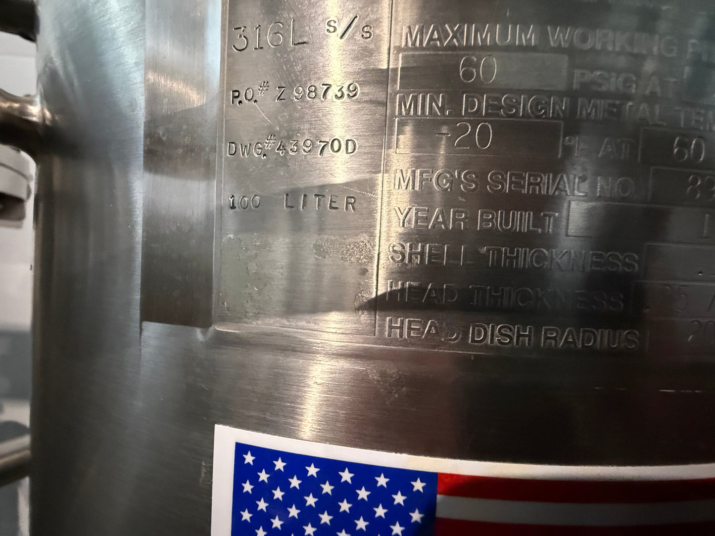 Pre-Owned 100 Liter Pressure Tank - Precision Stainless 316SS, Working Pressure 60 PSIG @ 212Deg