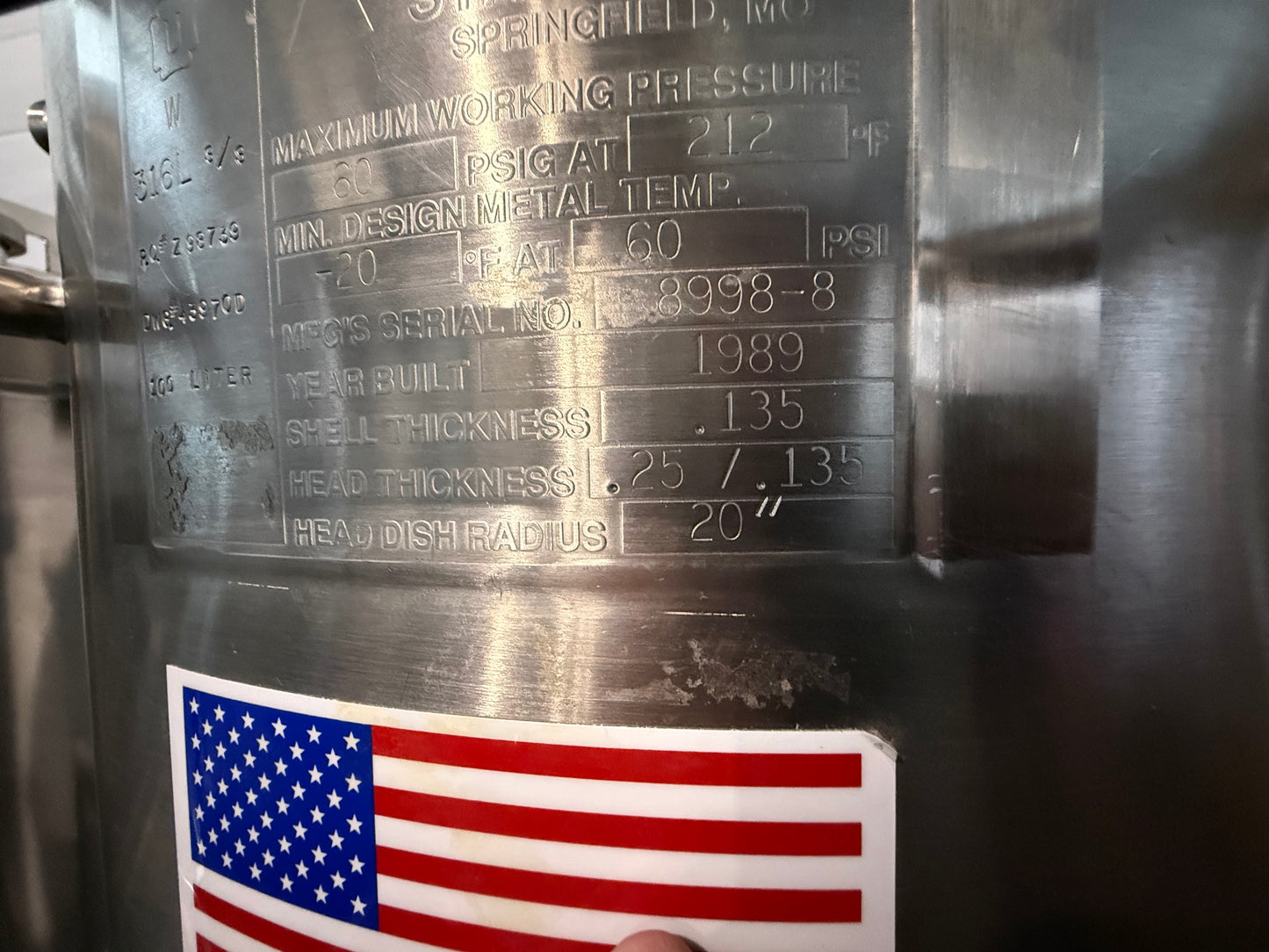 Pre-Owned 100 Liter Pressure Tank - Precision Stainless 316SS, Working Pressure 60 PSIG @ 212Deg