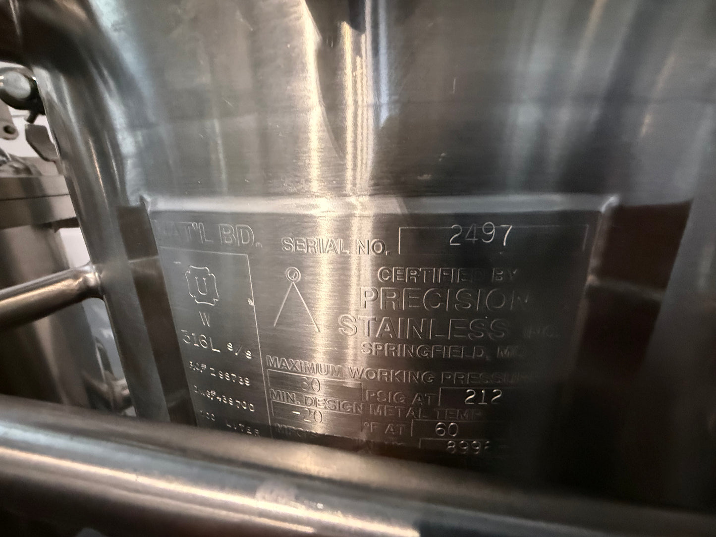 Pre-Owned 100 Liter Pressure Tank - Precision Stainless 316SS, Working Pressure 60 PSIG @ 212Deg