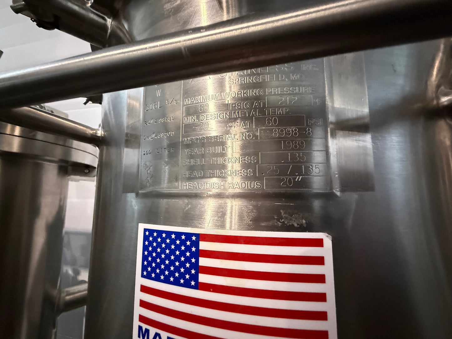 Pre-Owned 100 Liter Pressure Tank - Precision Stainless 316SS, Working Pressure 60 PSIG @ 212Deg