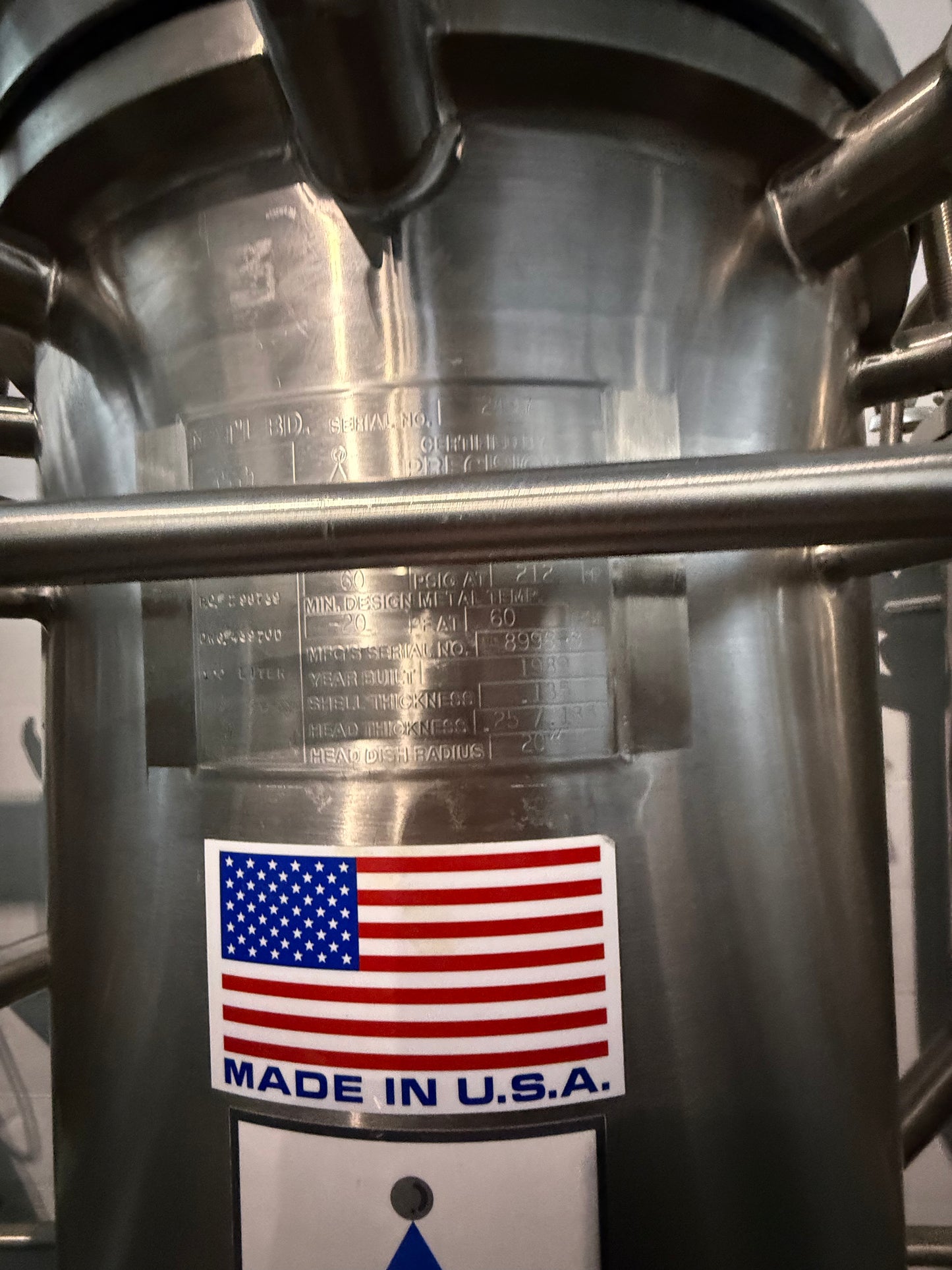 Pre-Owned 100 Liter Pressure Tank - Precision Stainless 316SS, Working Pressure 60 PSIG @ 212Deg