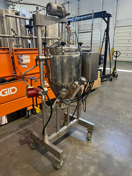 1 Each Pre owned / 15 gal. Electric Heated Hopper Tank system w/mixer, —3 phase, 208/230 v, 20 amp on SS cart with casters (3 Available)