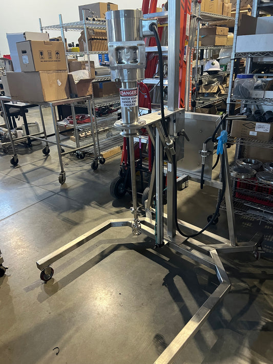 Pre owned / minimal use, ATS Pneumatic Lift Stand with Admix Rotsolver — SS 1.5HP motor, 110 v VFD, on SS cart with casters - 1 Each