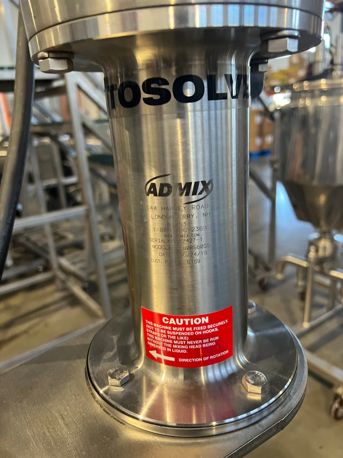 Pre owned / minimal use, ATS Pneumatic Lift Stand with Admix Rotsolver — SS 1.5HP motor, 110 v VFD, on SS cart with casters - 1 Each