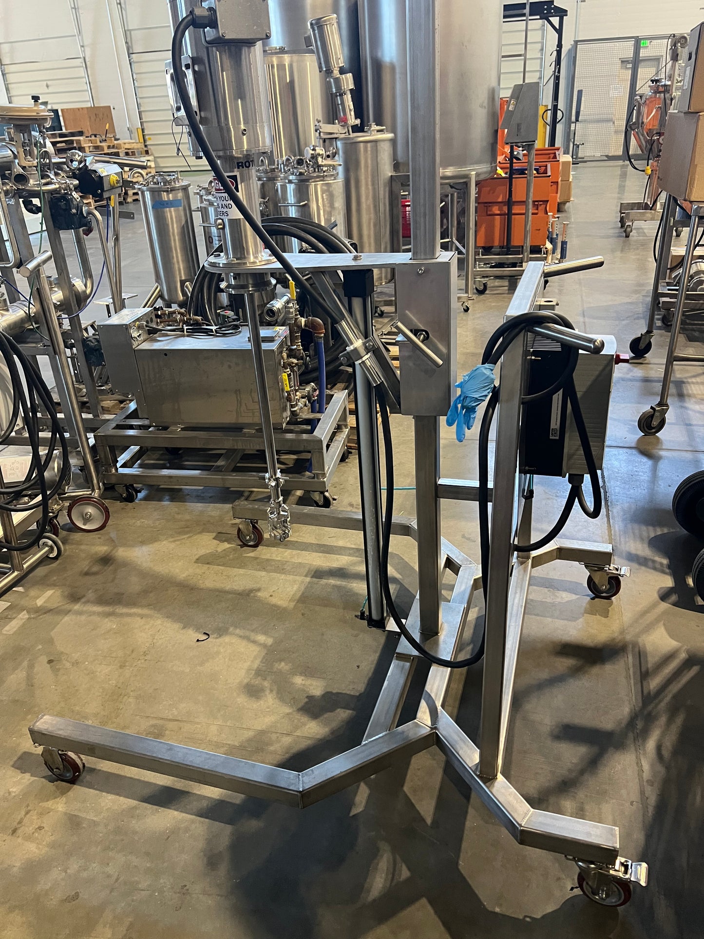Pre owned / minimal use, ATS Pneumatic Lift Stand with Admix Rotsolver — SS 1.5HP motor, 110 v VFD, on SS cart with casters - 1 Each