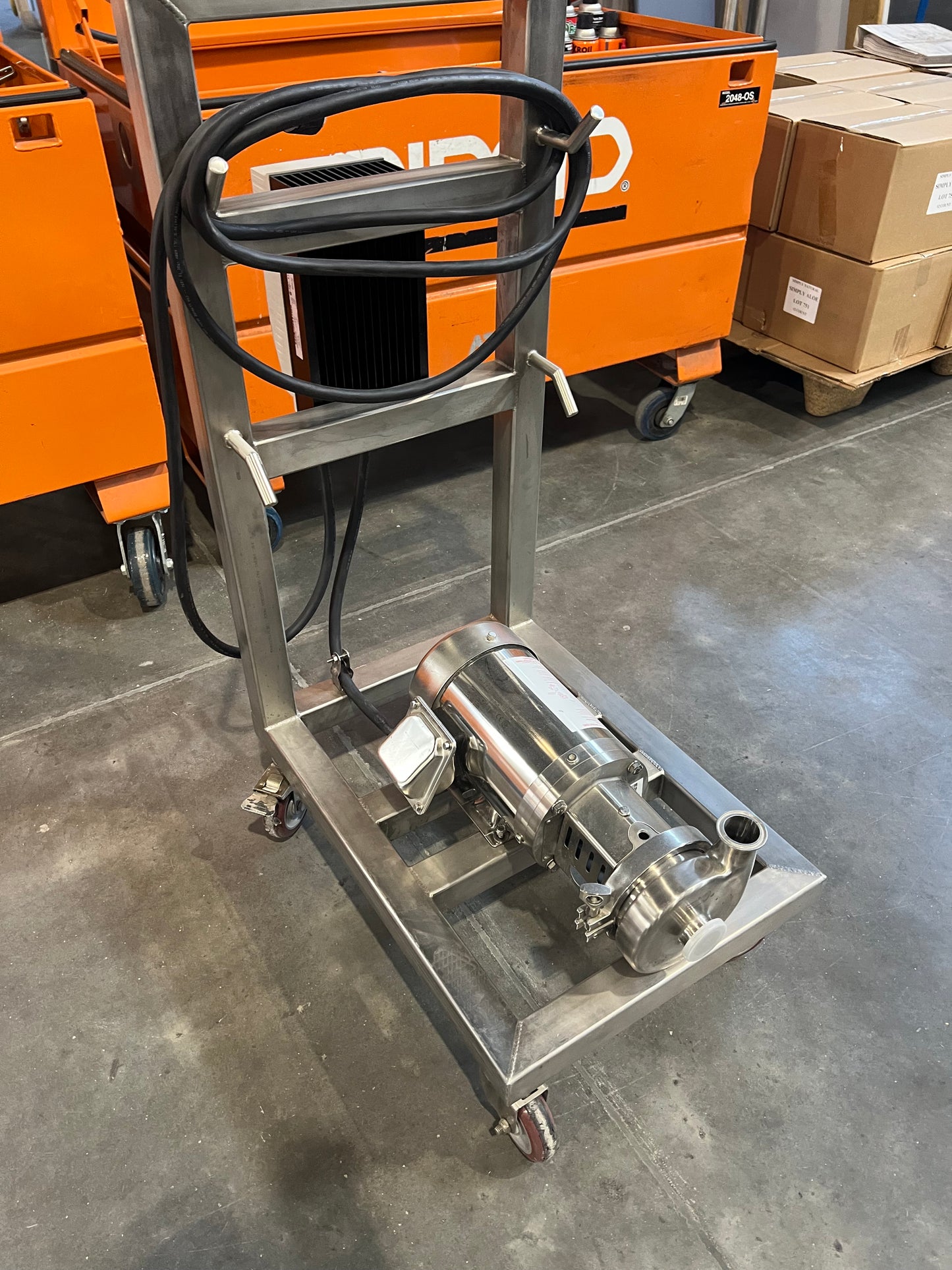 Pre owned / minimal use, C114 pump—3.5” impeller, SS 1.5 HP motor, 110 v VFD, on SS square tube cart with casters - 1 each