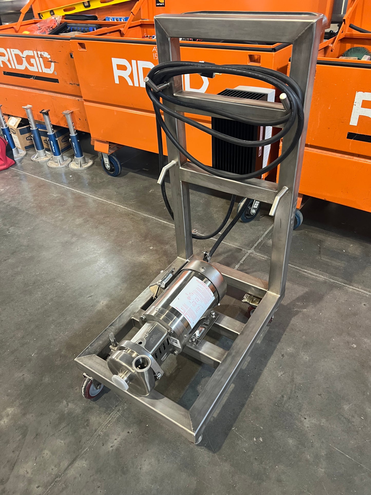 Pre owned / minimal use, C114 pump—3.5” impeller, SS 1.5 HP motor, 110 v VFD, on SS square tube cart with casters - 1 each