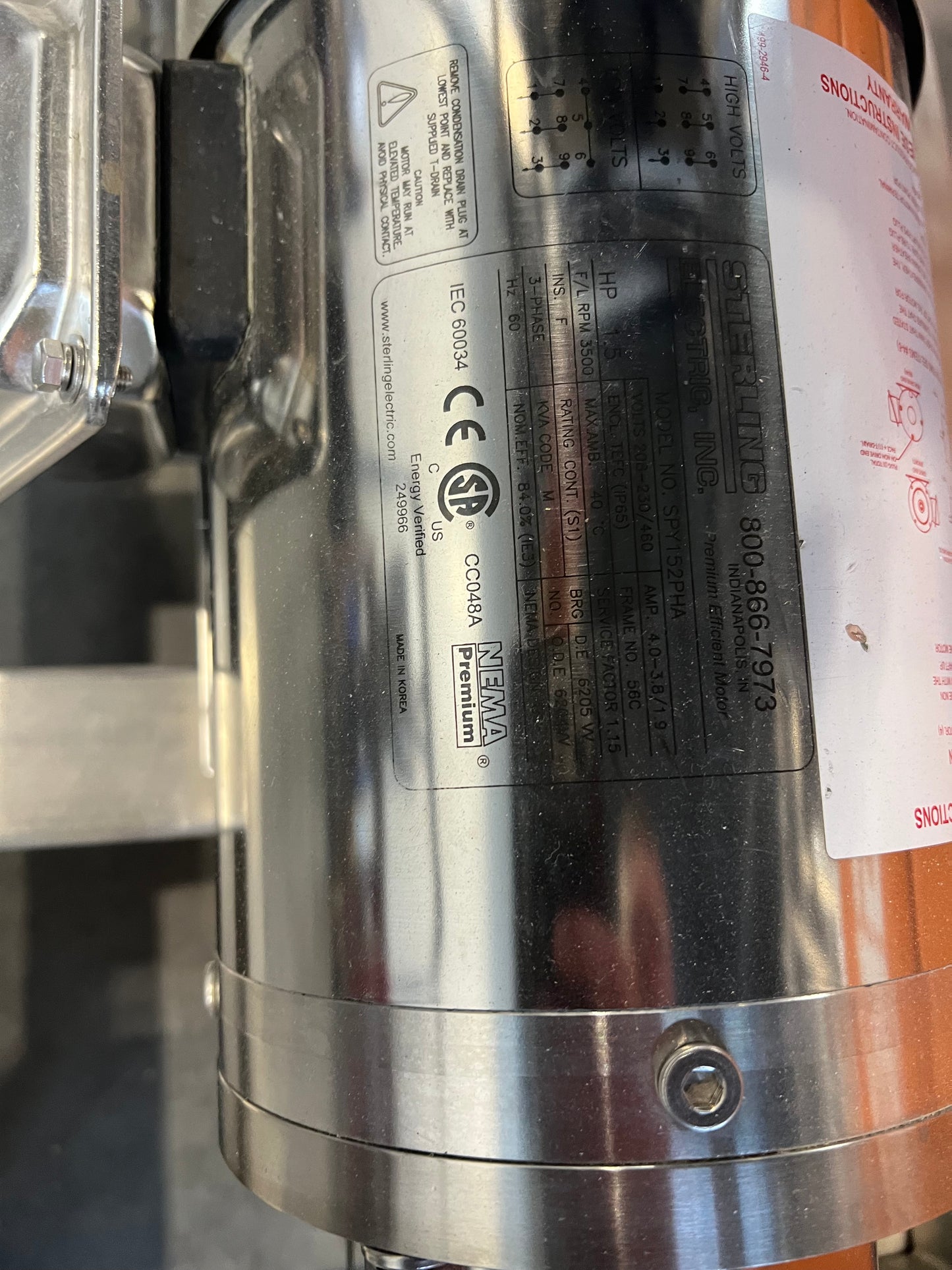 Pre owned / minimal use, C114 pump—3.5” impeller, SS 1.5 HP motor, 110 v VFD, on SS square tube cart with casters - 1 each