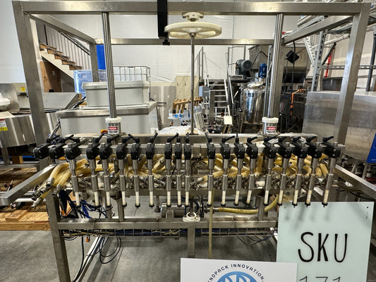 Slightly Used Inline Filling Systems - Overflow Filler - 16-20 Head Pressure overflow hot filler, with feed tank, Serial # 46910, 220 Volt