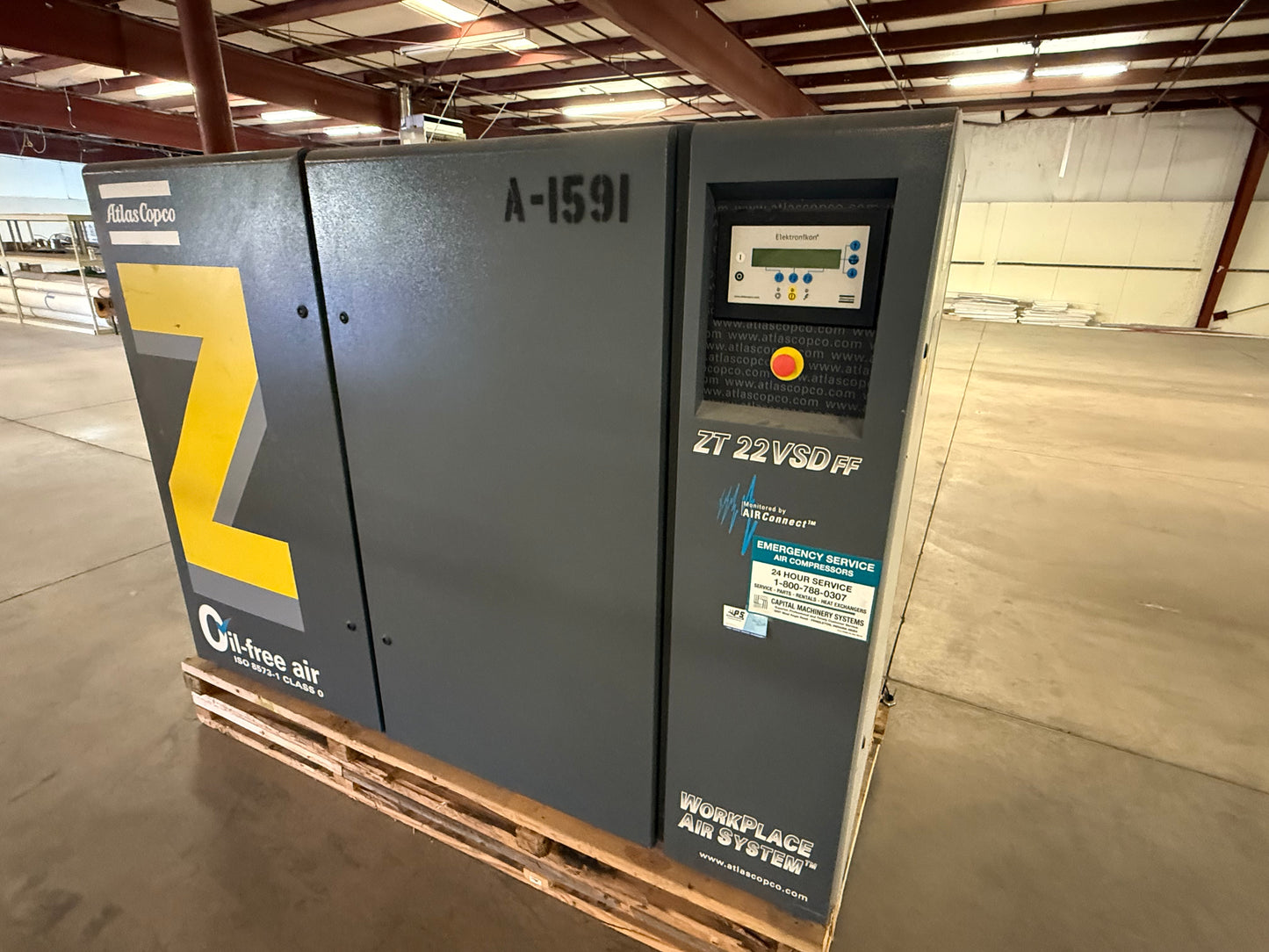 Used Atlas Copco Air Compressor, Model ZT-22VSD FF, Oil Free Screw Air Compressor,