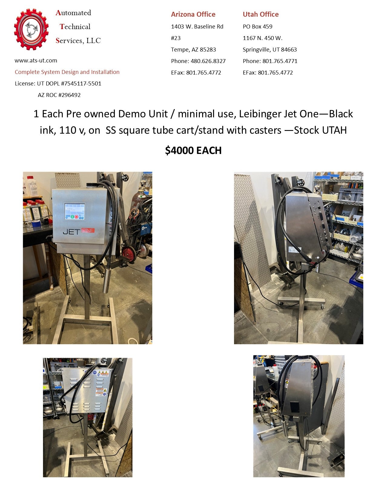 Pre-Owned Leibinger Ink Jet Printer - Black Ink, 110V, SS Square Tube Cart/Stand with Casters