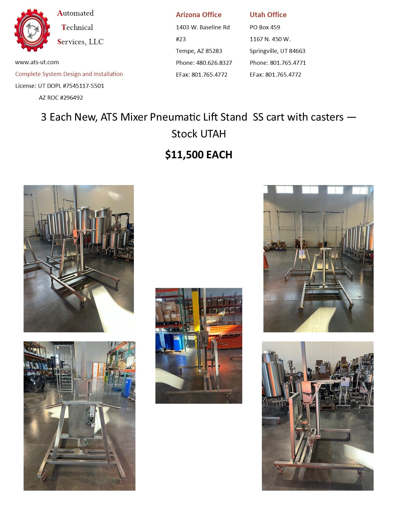 NEW ATS Mixer Pneumatic Lift Stand SS cart with casters Stock UTAH - 3 Each
