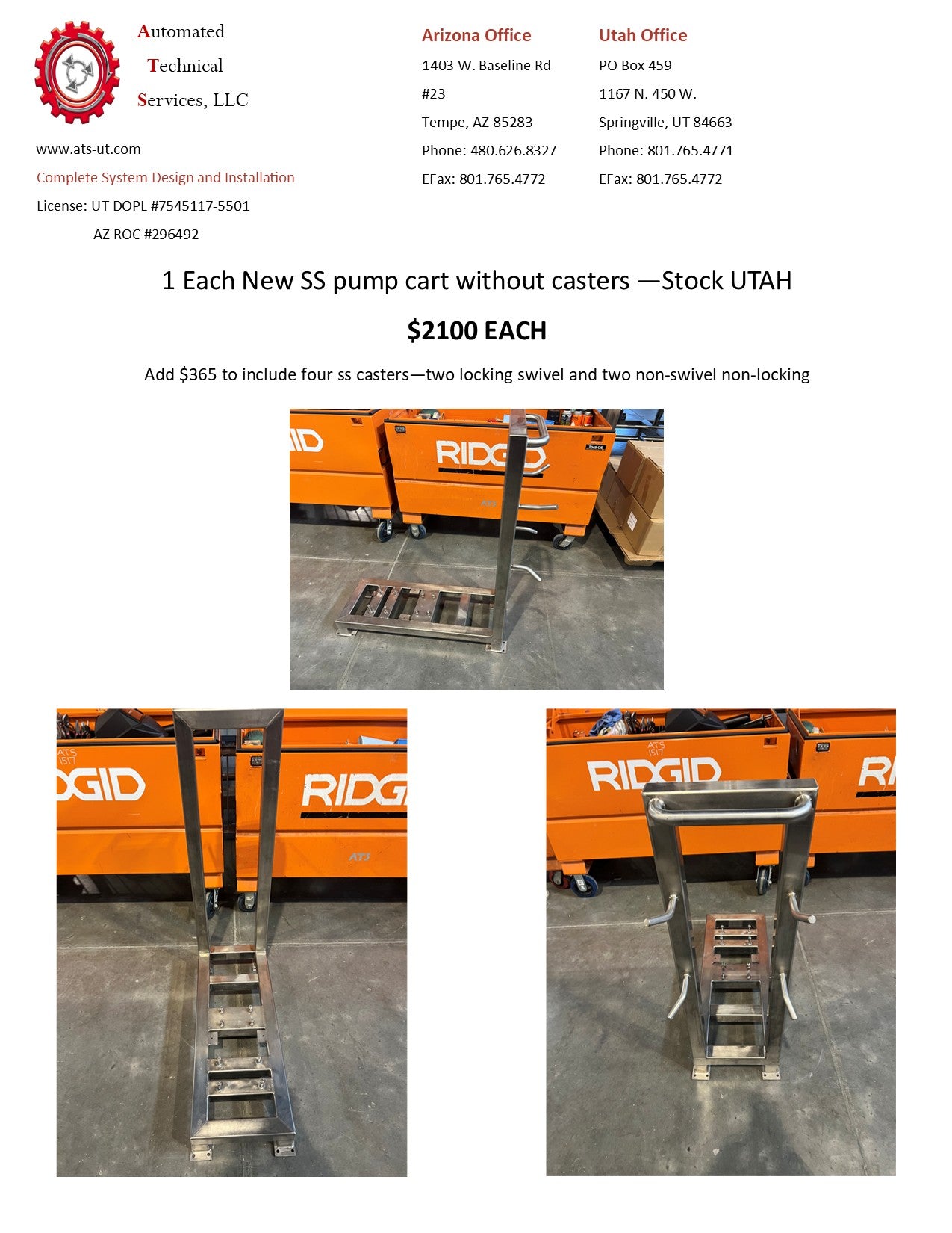 New SS pump cart without casters —Stock UTAH  $2100 EACH - 1 Available