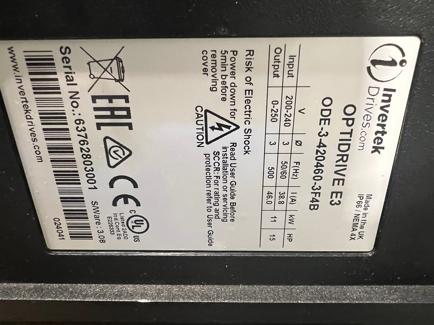 Invertek VFD, 15 HP, 240 V, 60HZ Washdown