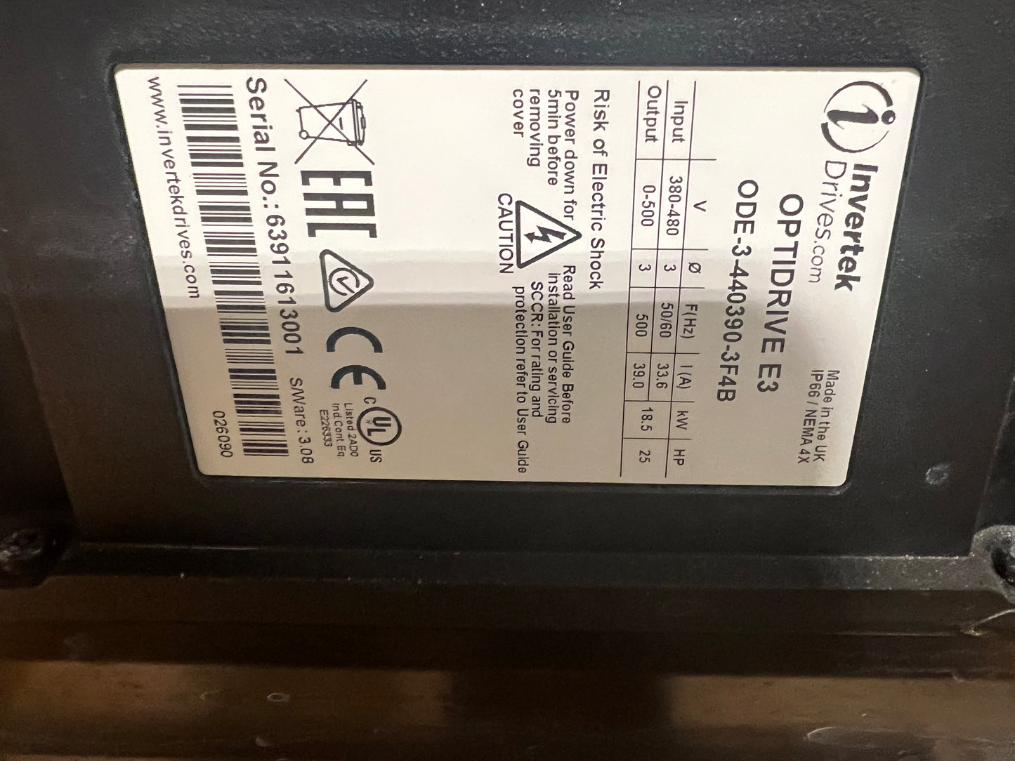 Invertek VFD, 25 HP, 480 V, 60HZ Washdown